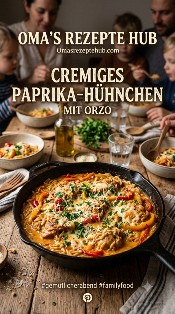 Paprika Sahe Hähnchen mit Orzo Nudeln