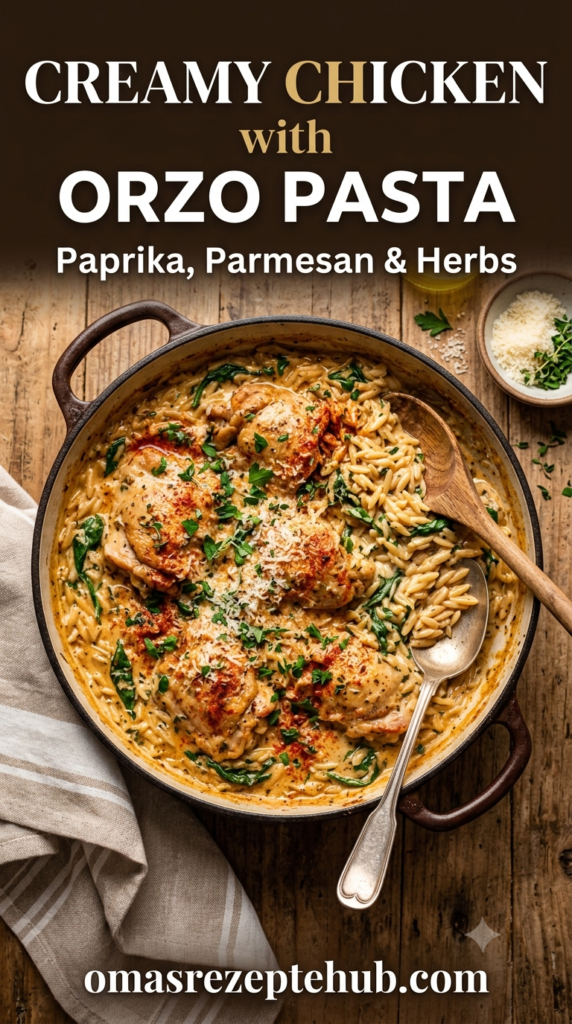 Paprika Sahe Hähnchen mit Orzo Nudeln