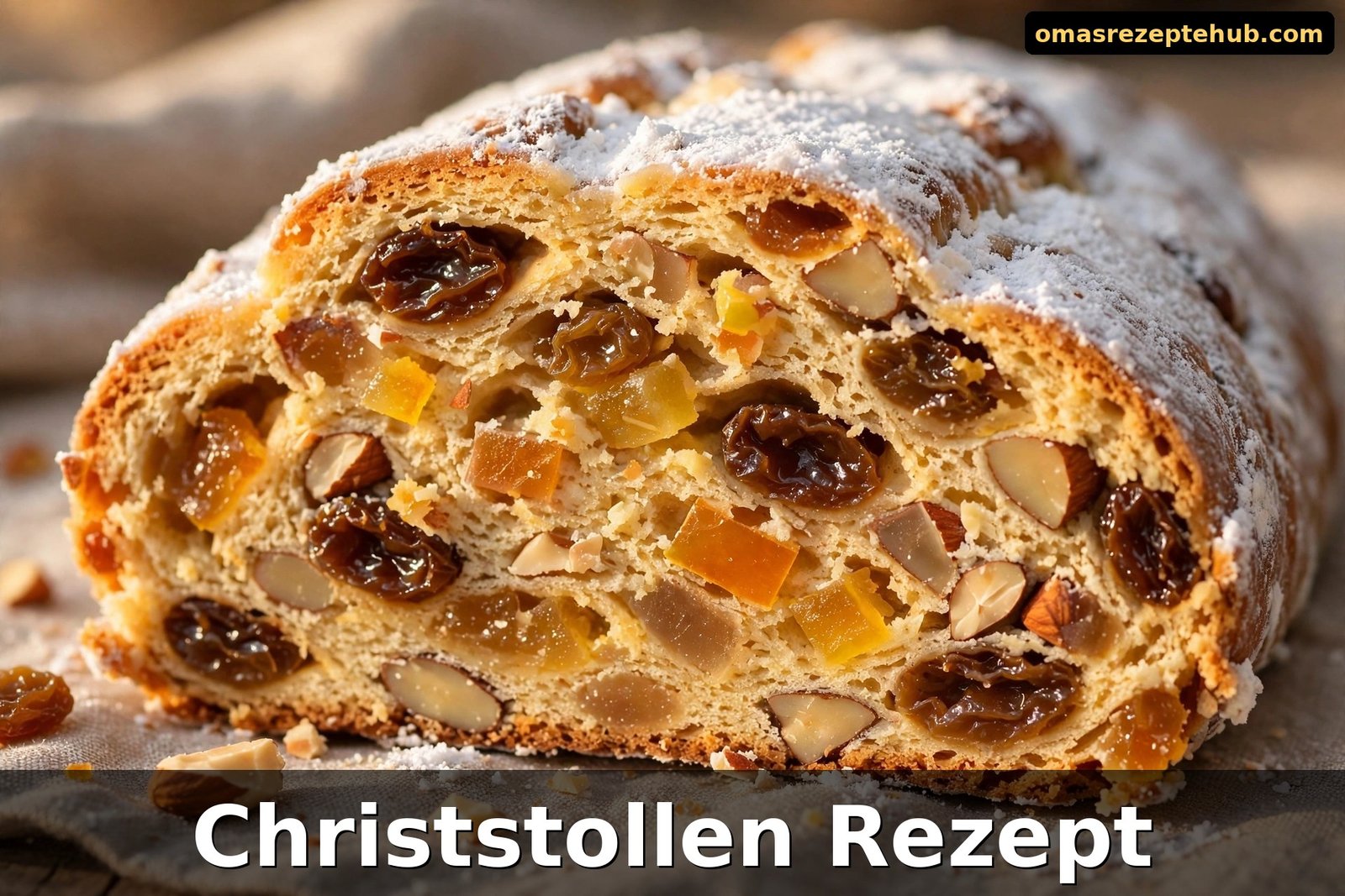 Christstollen Scheibe mit Rosinen und Mandeln